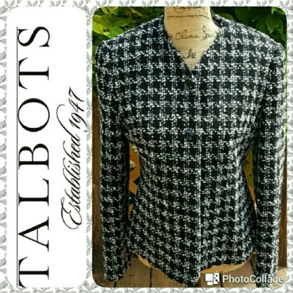 TALBOTS Tweed Italian Wool Blend Blazer, Black & White, Size 8